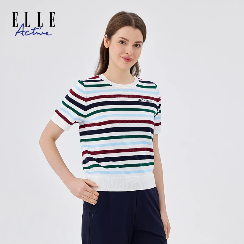 ELLE Active彩虹条短袖圆领针织衫夏季新款百搭经典条纹上衣女装