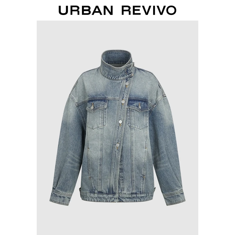 UR2026春季新款女潮流做旧水洗斜门襟立领牛仔外套UYV850201