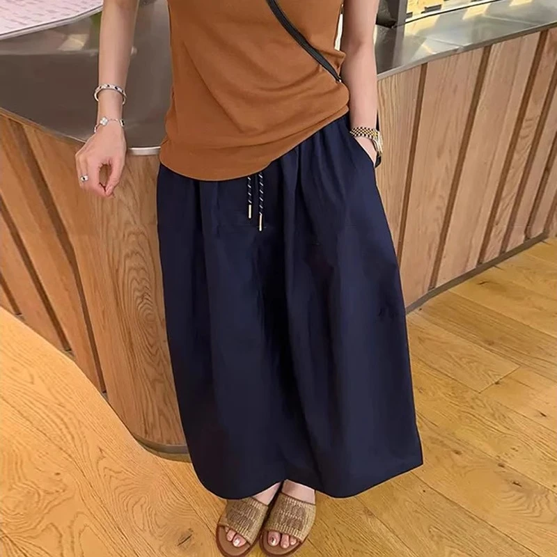 藏青色南瓜裙简约半身裙夏季少女风小个子中长款高腰显瘦花苞裙子