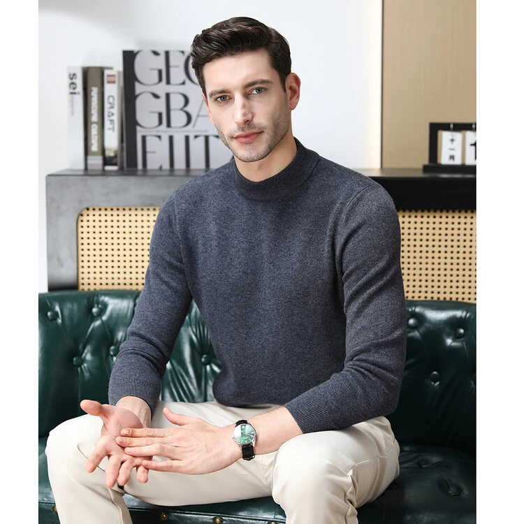 【舒适亲肤】精纺羊毛秋冬厚款不变形修身纯色针织半高领男士针织衫