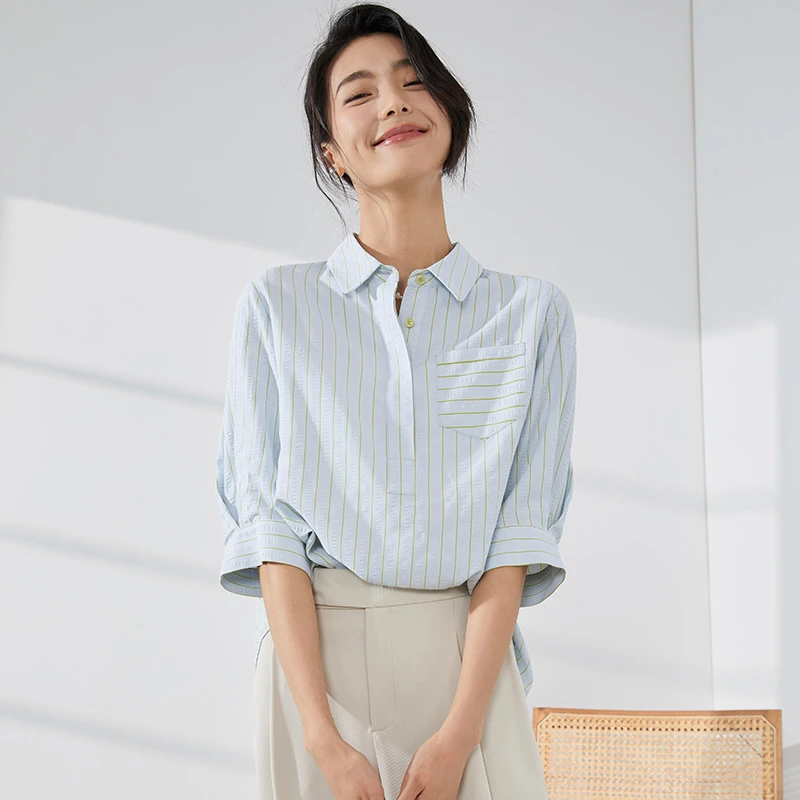 6392026[啾啾专属]新款撞色条纹翻领宽松落肩衬衫休闲简约