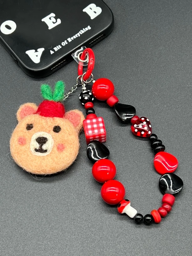 毛毡草莓小熊陶瓷手机链/包挂