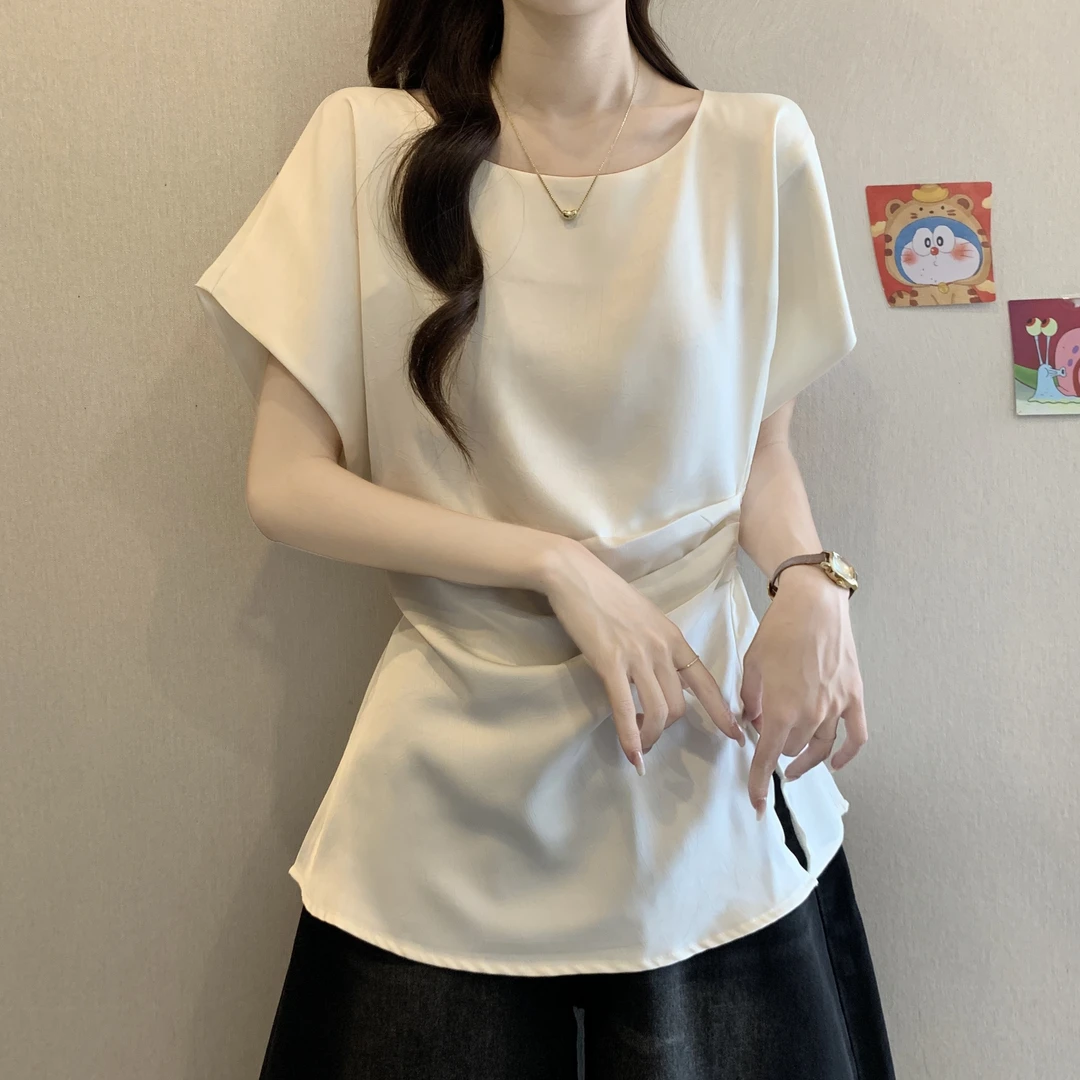 大码女装遮肚子设计感掐腰短袖衬衫女夏季胖妹妹高级感上衣雪纺衫