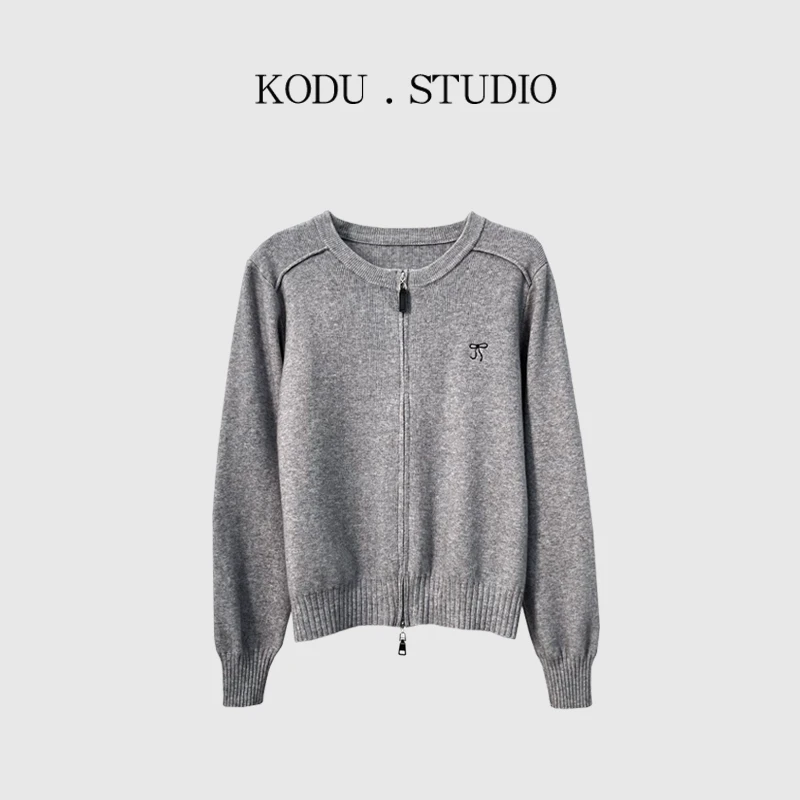 【刻度KODU】FD-4966春季新品百搭圆领拉链蝴蝶结刺绣图案针织开衫