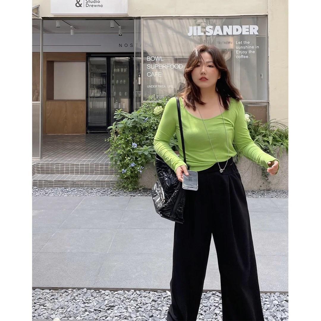 晶咕白标~大圆领百搭长袖修身打底T恤女秋季大码慵懒显瘦内搭上衣