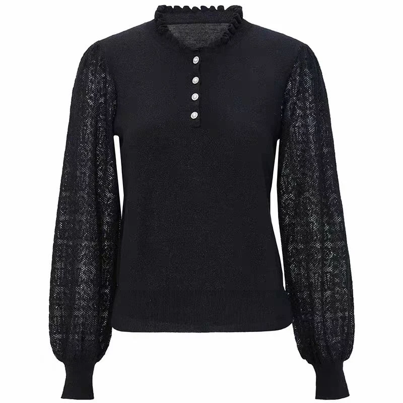 长袖纯色法式常规款纽扣蕾丝毛衣拼接打底衫修身百搭女装时尚