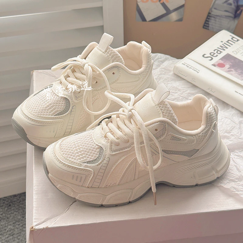 老爹鞋女2025夏季新款透气小白鞋子厚底网面配裙子百搭休闲鞋女款