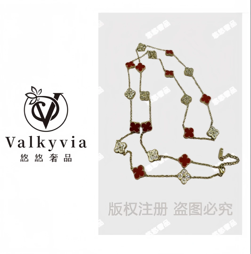铜合金珐琅项链 【Valkyvia/悠悠奢品】20花红色间钻四叶花项链轻奢