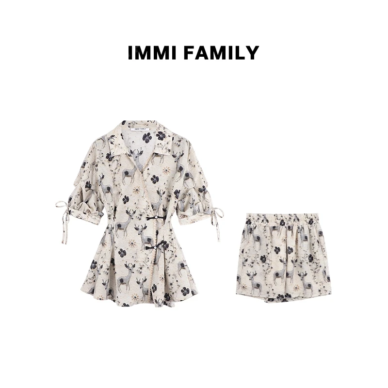 “花间小鹿”新中式减龄小鹿印花V领气质收腰衬衫套装女【燕姐专属】