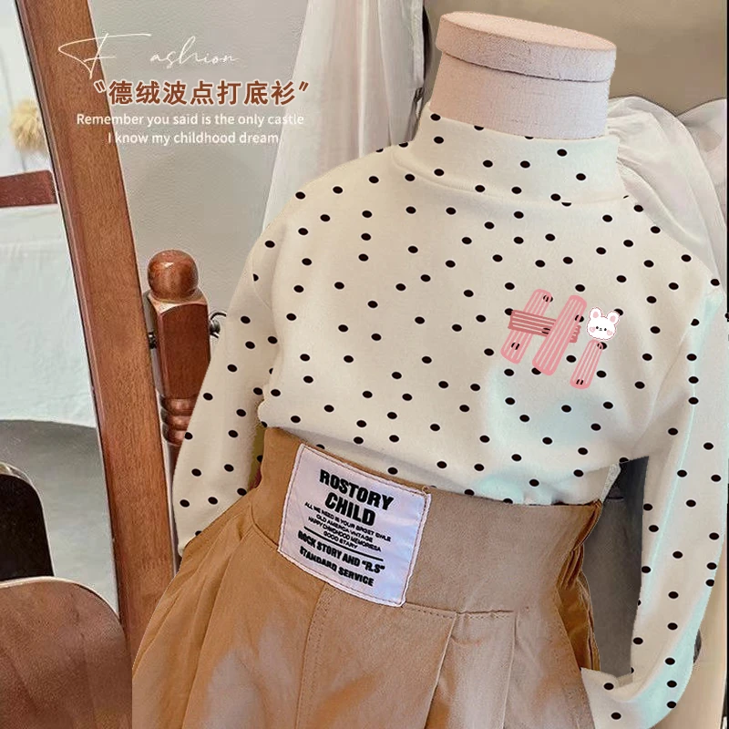 女童长袖德绒保暖上衣中大童上衣洋气波点长袖T恤半高领内搭上衣