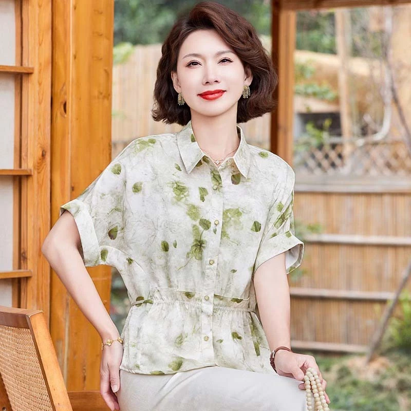 妈妈夏装套装洋气短袖雪纺衫2025新款中老年女夏季衬衫上衣两件套