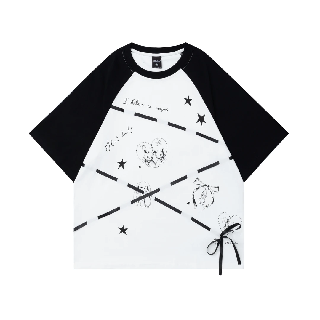 凛可爱 小众设计感印花插肩袖夏季女2025新款撞色宽松圆领短袖