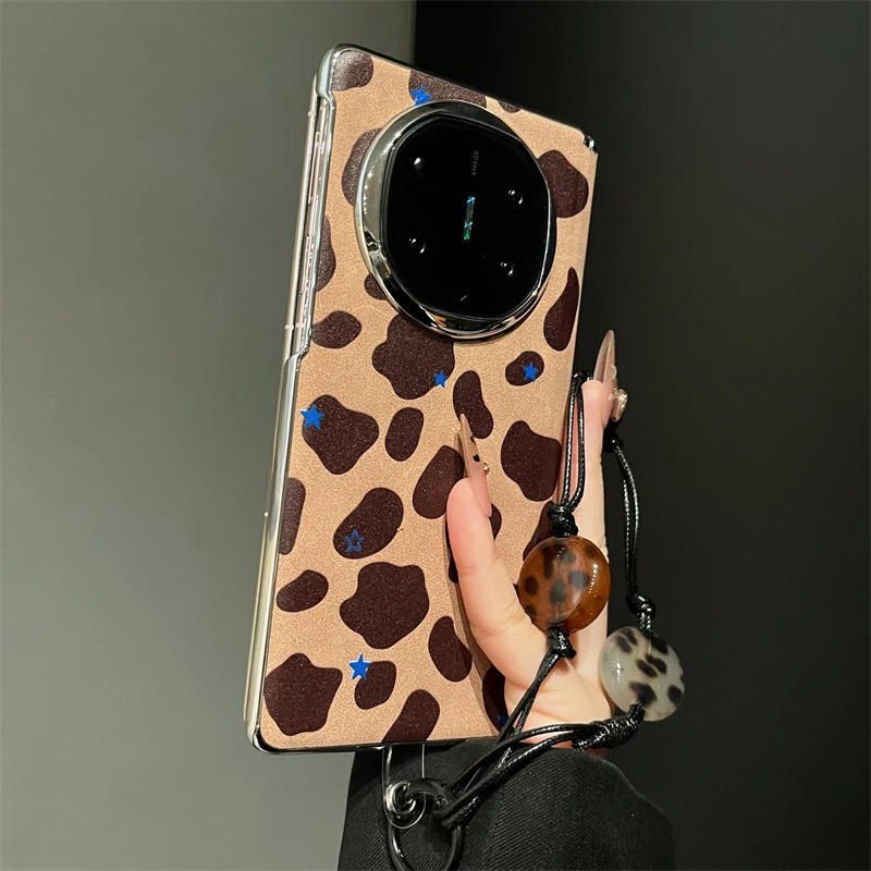 适用华为MateX6手机壳翻毛皮棕豹纹星星mateX5磁吸中轴vivoXFold3