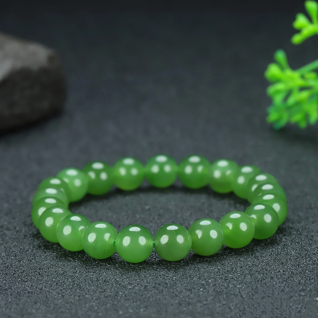 【凤霖珠宝】天然和田玉碧玉7.5-8mm精品阳绿菠菜绿手串无黑点