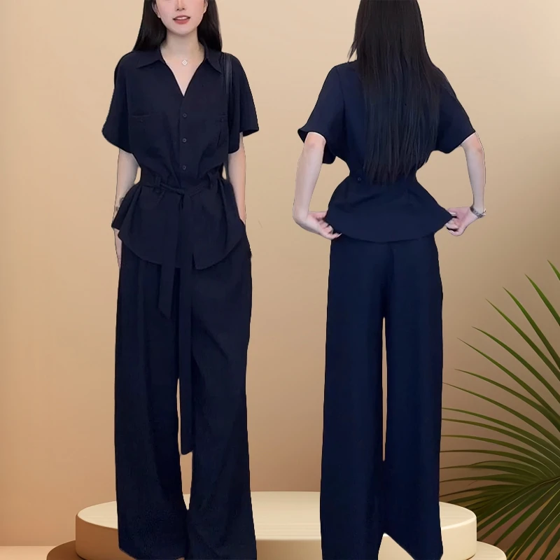夏季新款短袖上衣收腰宽松阔腿裤套装日常气质通勤成熟女人两件套
