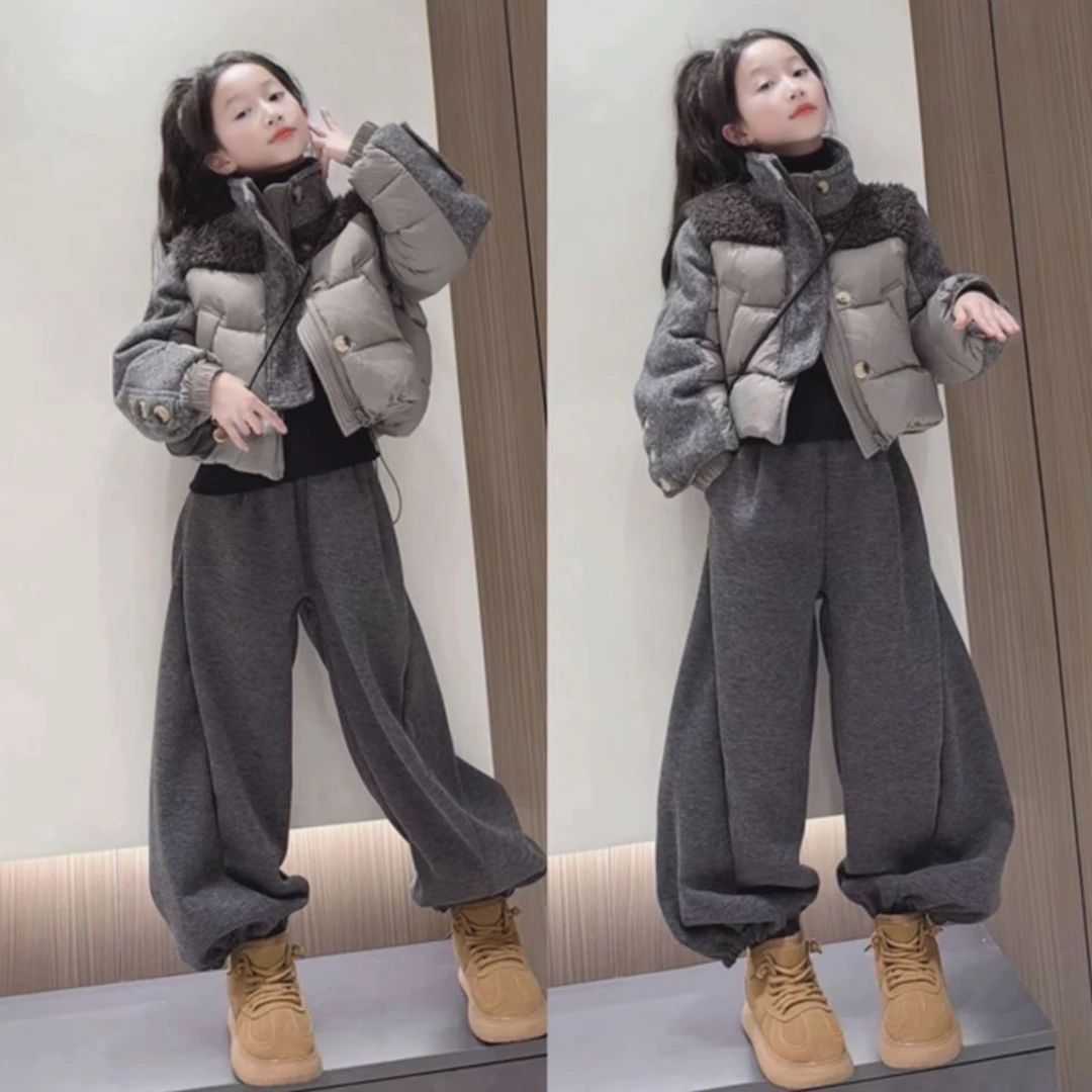 女童棉服韩系夹棉加厚棉袄加绒弯刀裤子两件套装2025冬中大童套装