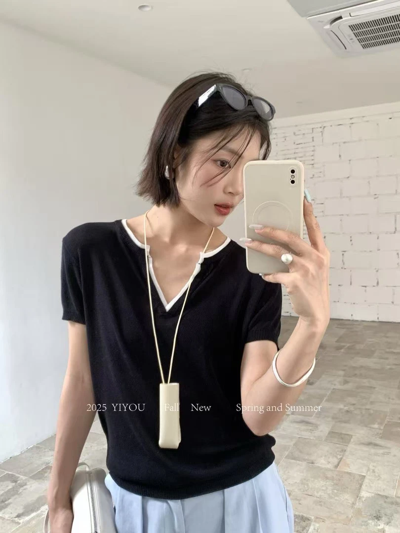 YIYOU@J1F0011 正肩V领短袖T恤修身休闲独特别致上衣 7-3