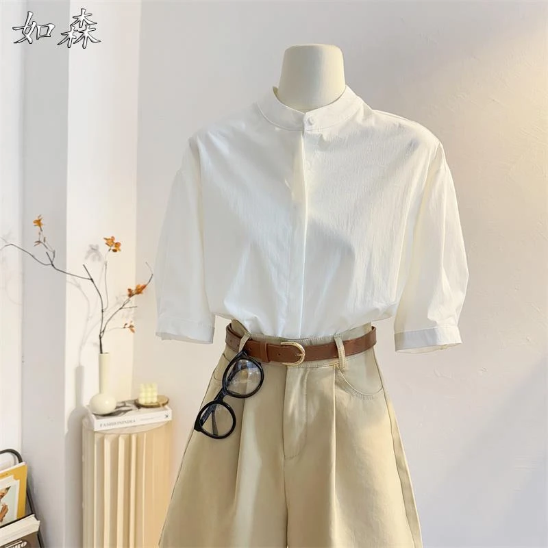 法式复古小立领白色短袖衬衫女2025夏新款设计感宽松通勤衬衣正装