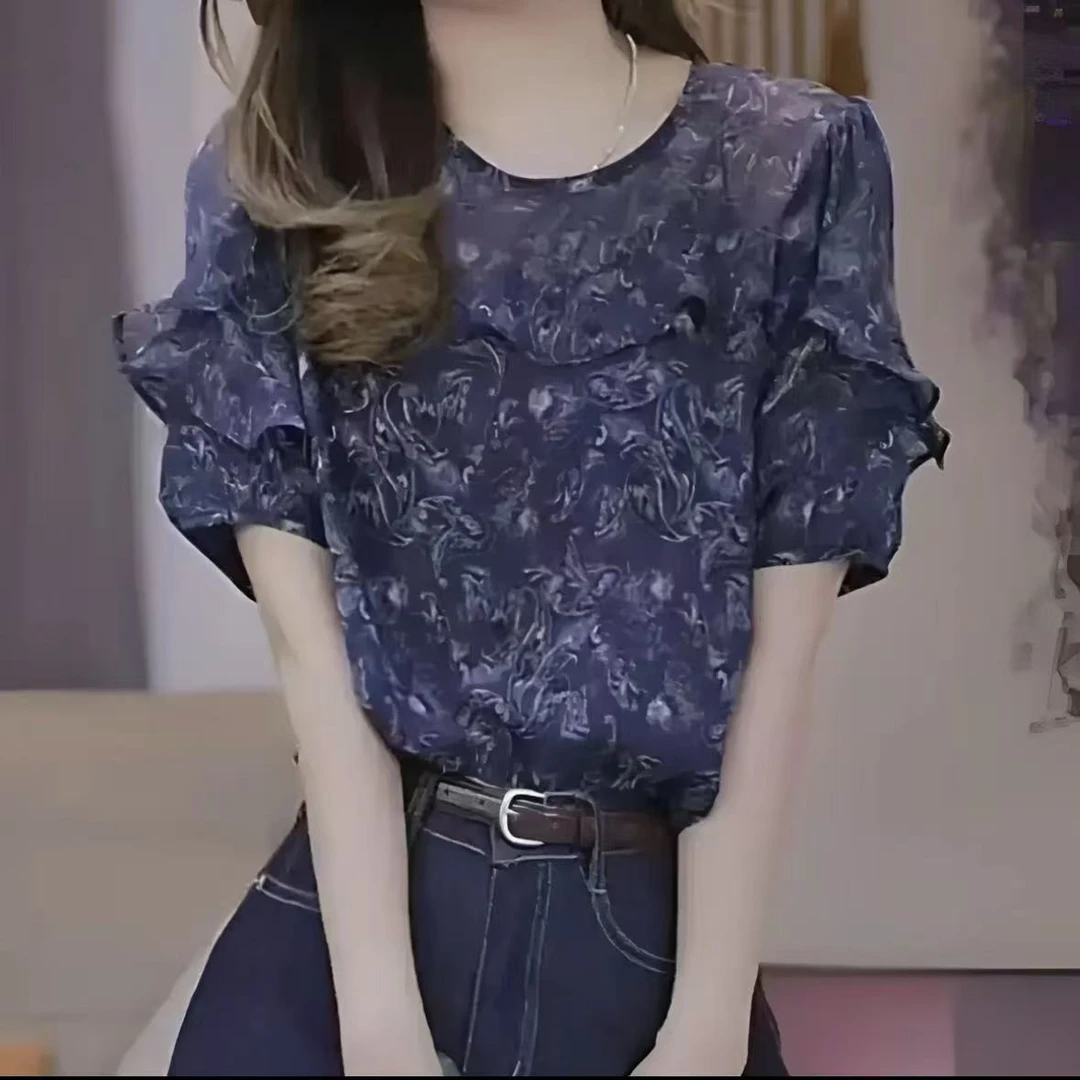 2025年印花时尚女士衬衫袖打底衫短袖春夏季套头百搭衬衫上衣9913