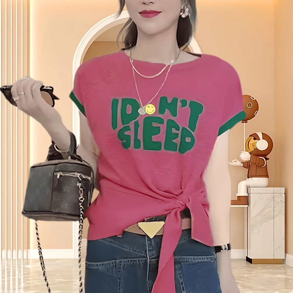 竹节棉2025夏季短袖T恤纯欲慵懒风女装设计感印花蝴蝶结微胖mm