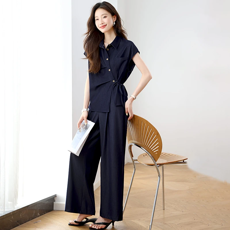 时尚套装女夏季2025新款休闲气质高级感减龄短袖衬衫阔腿裤两件套