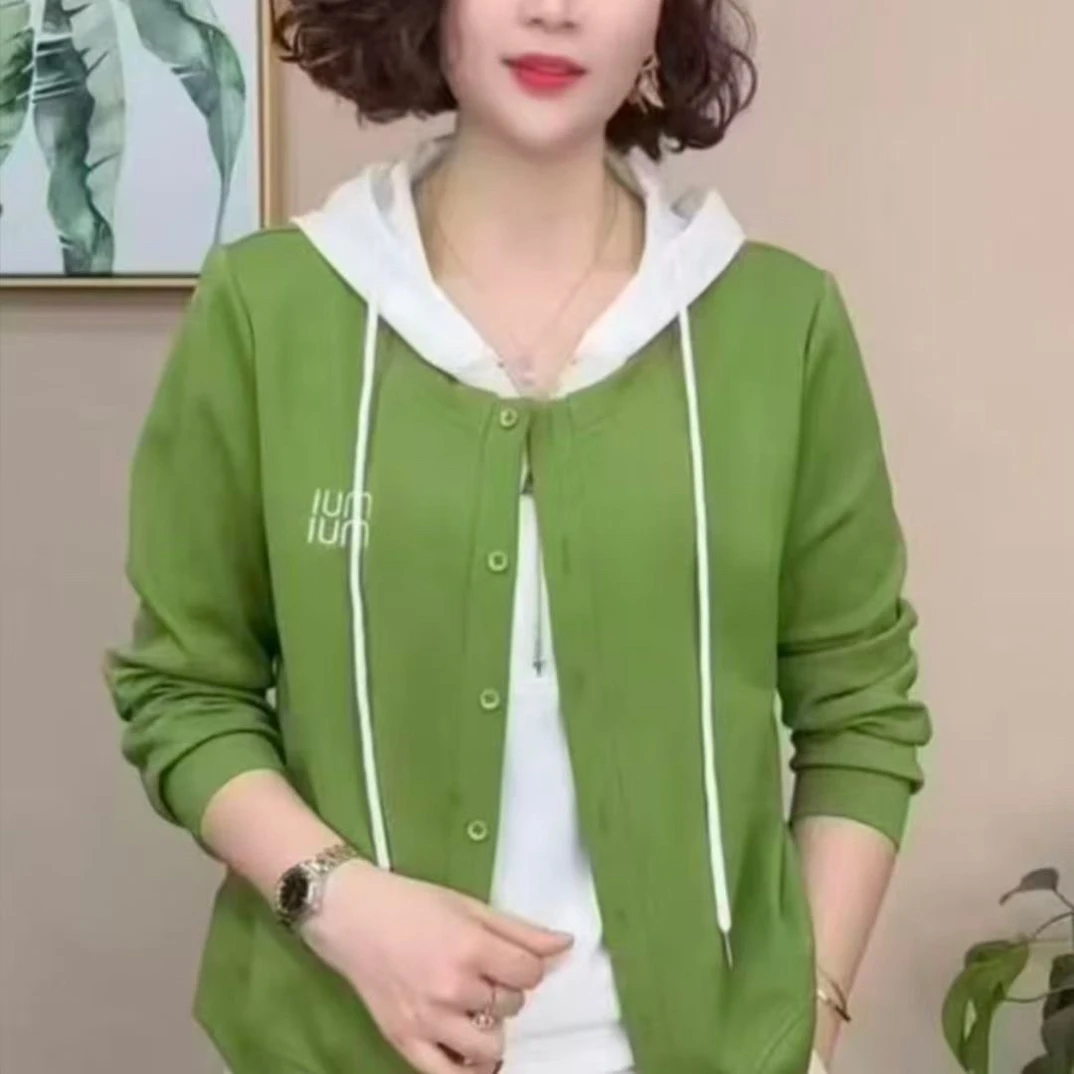 新款连帽假两件女士长袖T恤时尚百搭中年妈妈休闲优雅气质上衣女