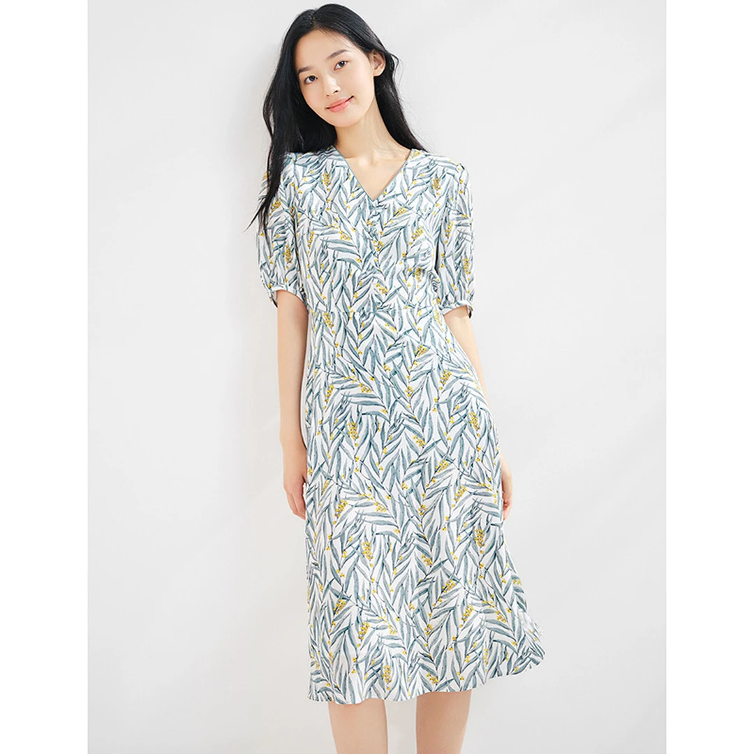 【安雅专属】【100桑蚕丝】夏新款优雅灯笼袖V领碎花连衣裙子女