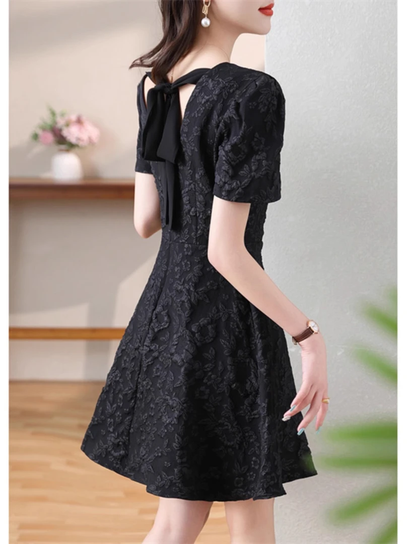 法式提花连衣裙女小个子夏季新款中长款收腰显瘦减龄气质休闲裙子