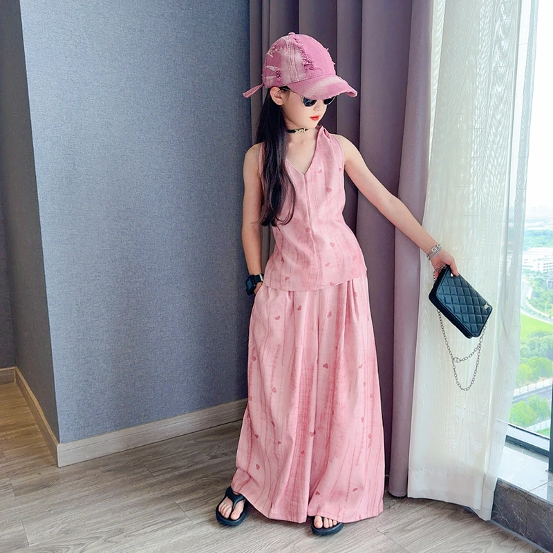 女童挂脖上衣阔腿裤套装夏季2025新款女孩韩系背心休闲裤两件套潮