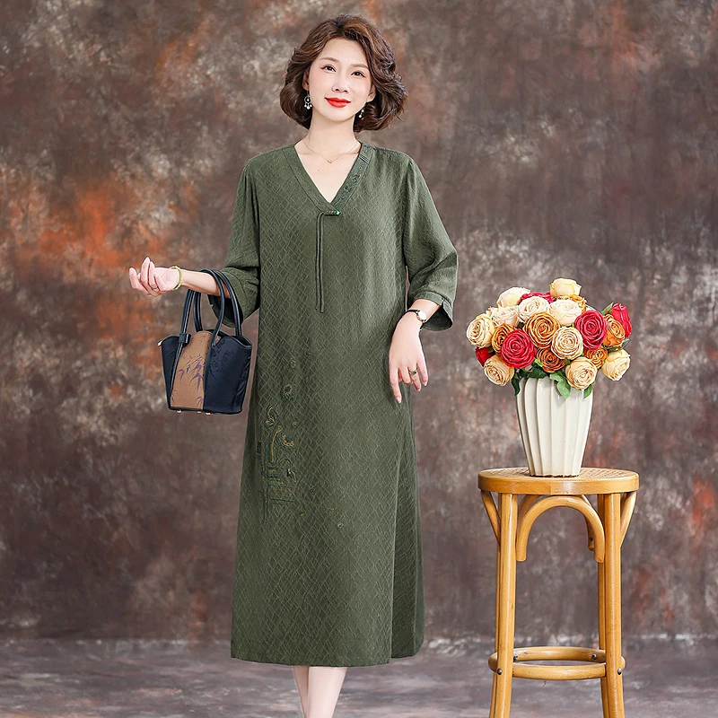 齐黛品牌桑蚕丝香云纱连衣裙女2025新款V领妈妈真丝桑蚕丝中长裙