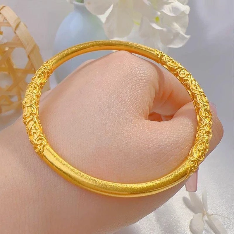 铜合金手镯 新款紫荆花卷草纹手镯闭口实心雕花送女友生日礼物