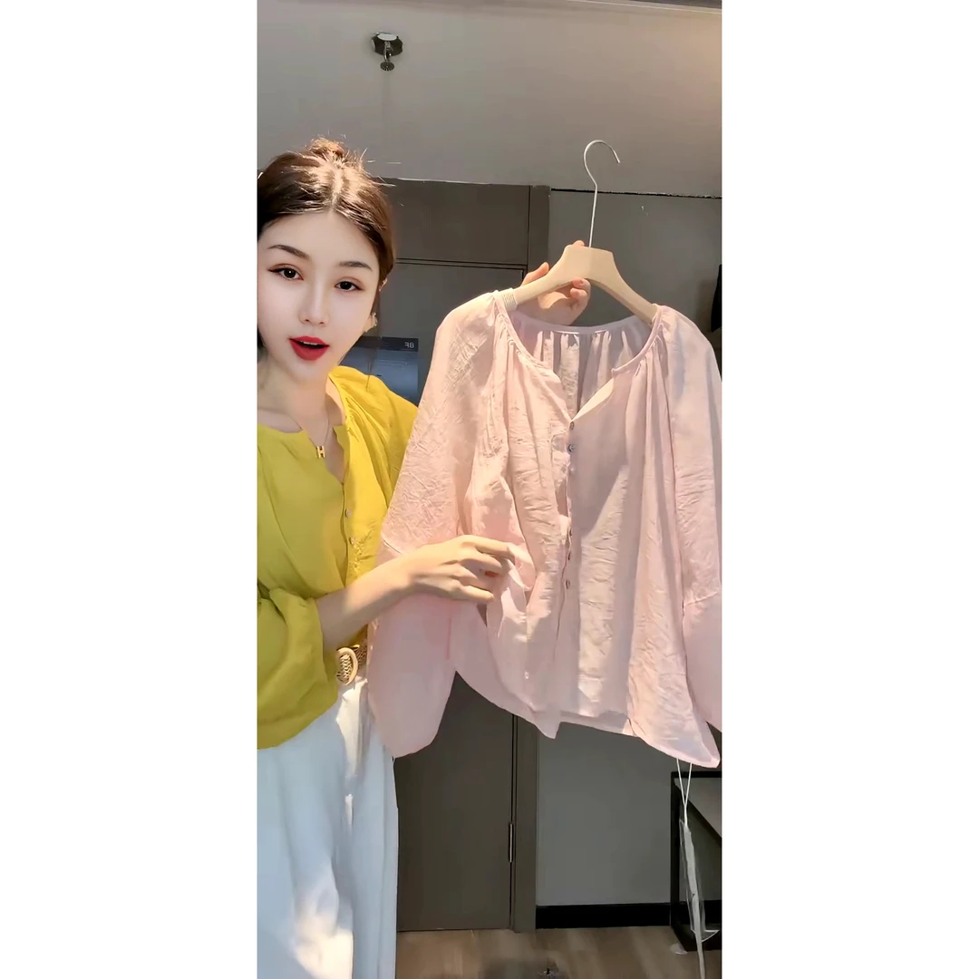 韩系时尚长袖宽松薄款圆领防晒贝壳扣灯笼袖衬衣