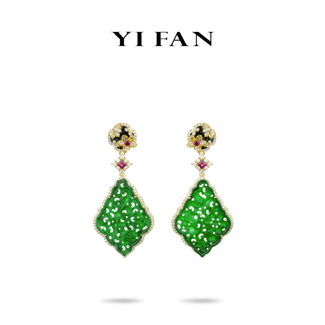 925银合成锆石耳饰 3421-绿色（暮雪容）镂空扇子百搭金边耳环