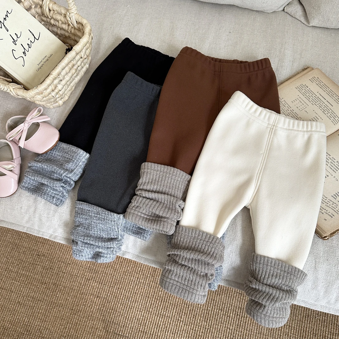 女童打底裤秋冬款新款洋气宝宝加绒加厚拼色裤子冬装儿童外穿长裤