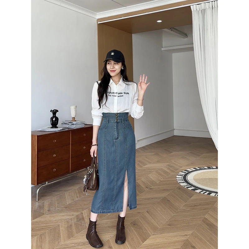 张阿星【牛仔雅调】薄款气质字母印花微透白衬衫+弹力高腰牛仔半裙