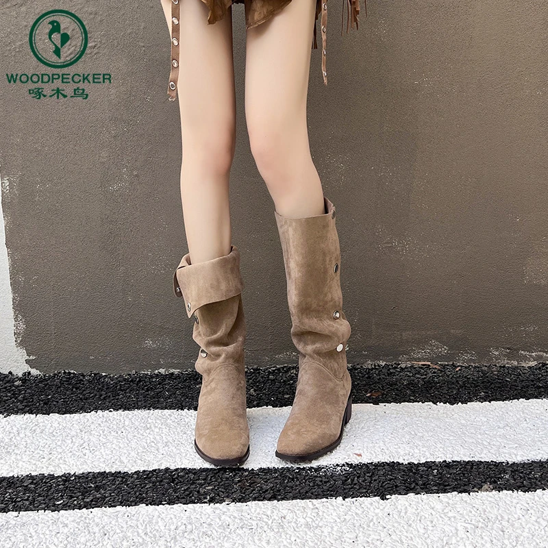 啄木鸟西部牛仔靴子女夏新款小众设计方头褶皱堆堆靴复古骑士靴