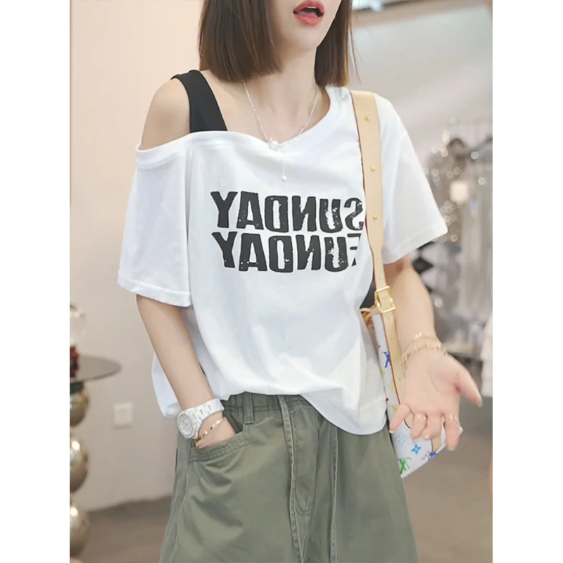 现货送运费险】美式雪花棉露肩性感短袖T恤女夏季新款慵懒宽松上衣