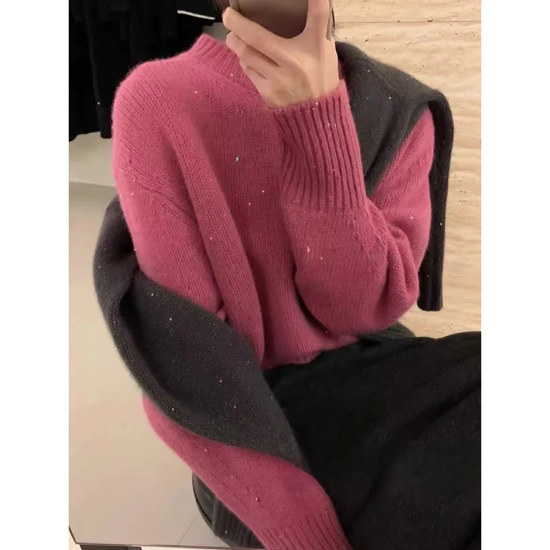 /星空冰莓粉/圆领亮片设计宽松慵懒百搭针织毛衣女CM85