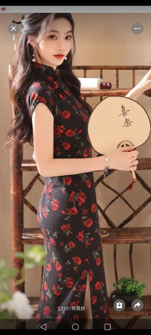 复古薄款常规款旗袍夏季显瘦日常中长款黑色印花少女中国风