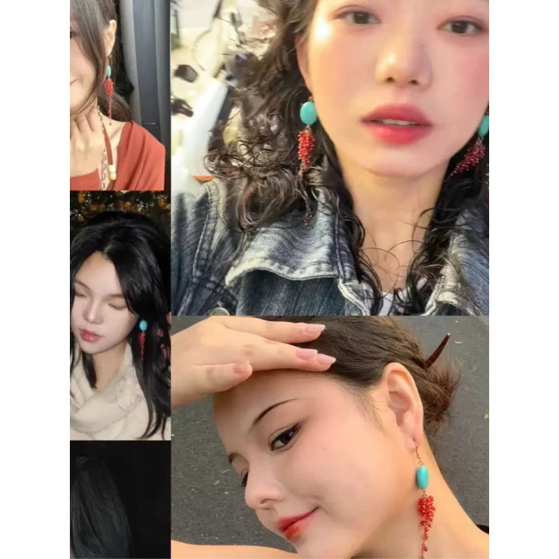 铜合金树脂耳饰 松石绿红色葡萄串民族风流苏度假螺旋耳夹无耳洞