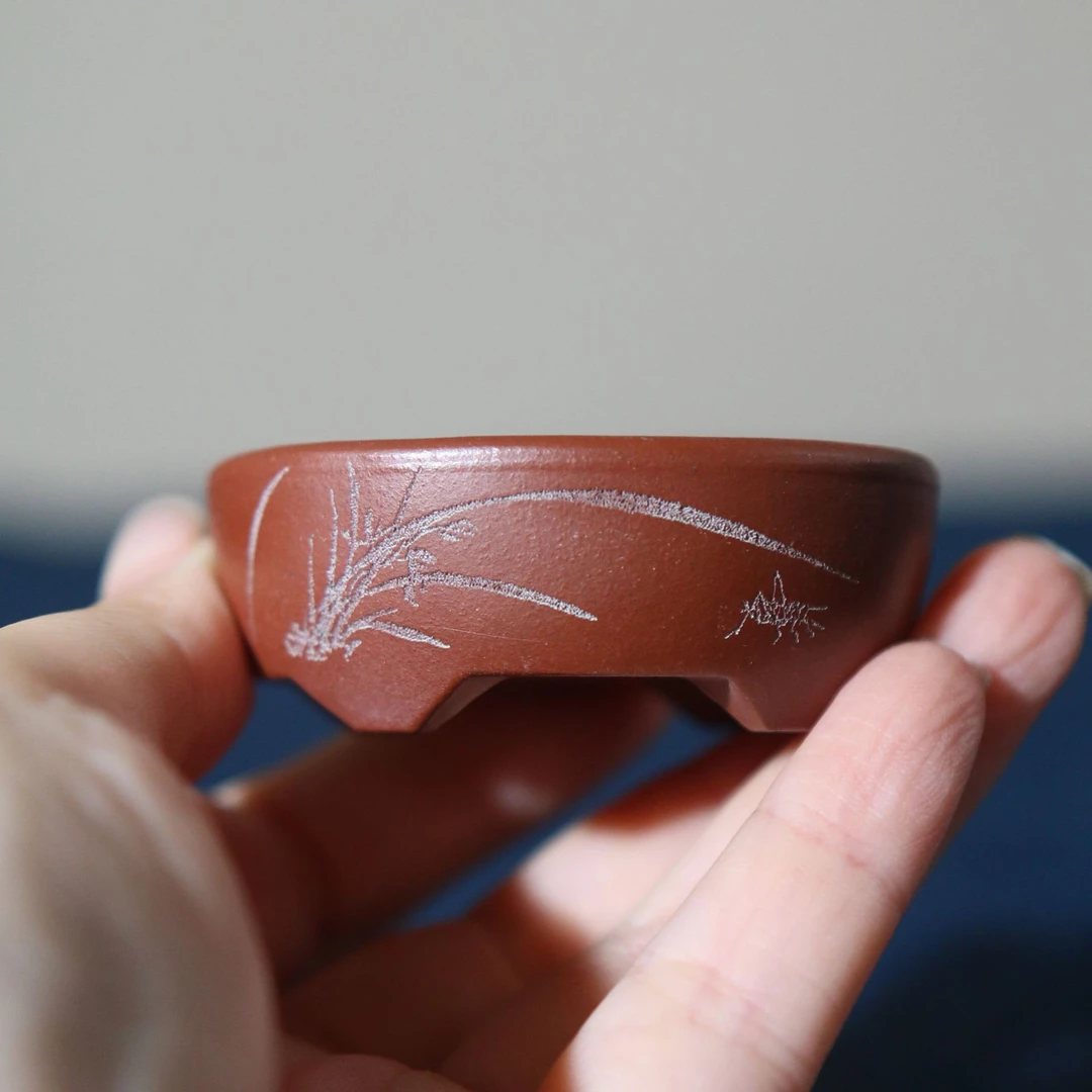 紫砂花盆微型盆景盆迷你特小椭圆形张可磊刻绘掌上盆栽古典手工盆