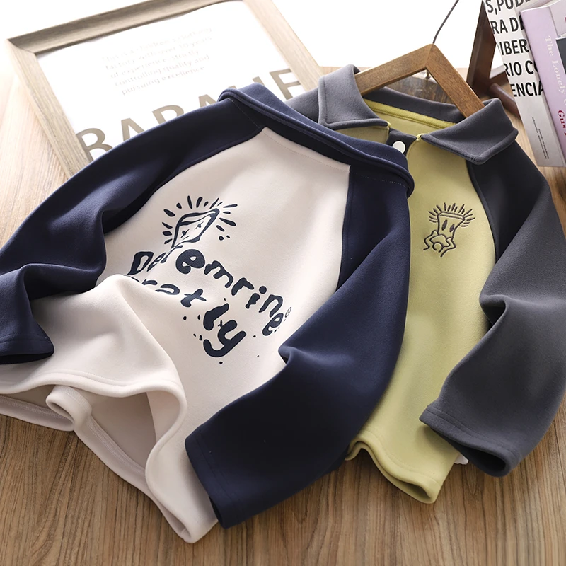 男童秋冬款卫衣2025新款儿童加厚保暖POLO衫卡通印花潮酷防风上衣