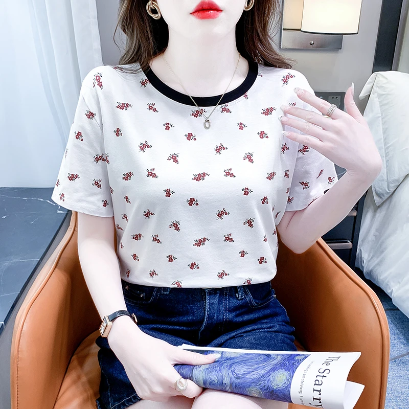 气质短袖2025夏季印花T恤圆领新款韩版甜美宽松碎花体恤小衫上衣
