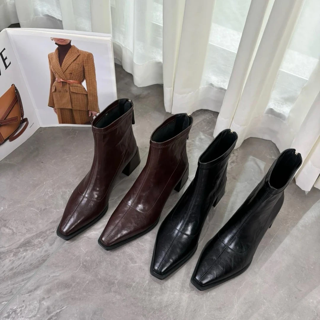 2024新款春秋季方头短靴女粗跟真皮中跟踝靴秋冬加绒女鞋高跟皮鞋