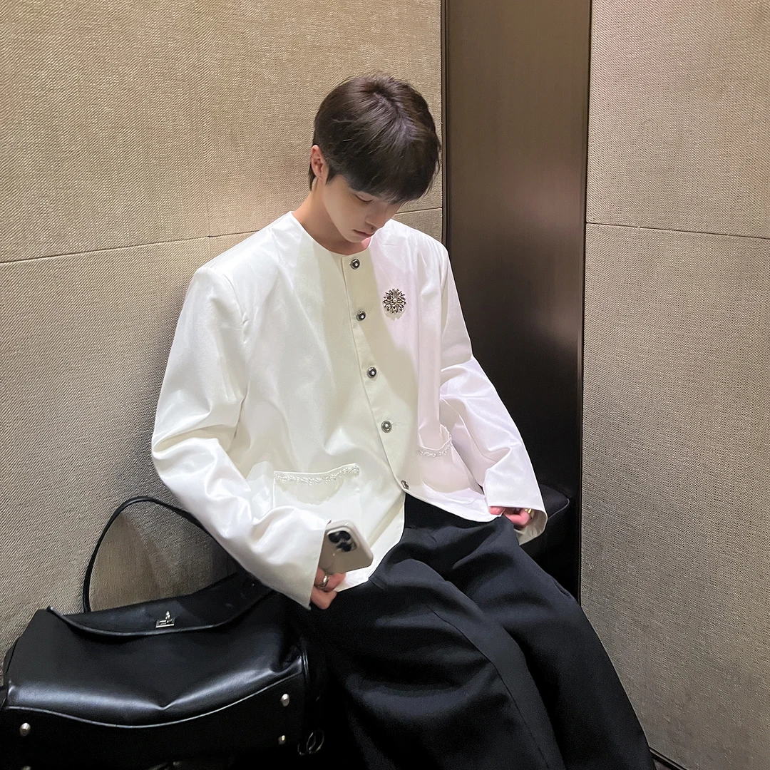 高林凡 行走的男明星小香风夹克无领高级设计感垫肩外套