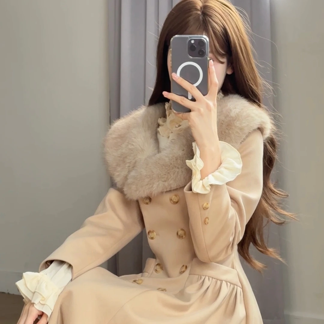 小小仟 海瑟薇 曲线雕刻4米裙摆收腰大衣长款显瘦千金气质毛呢