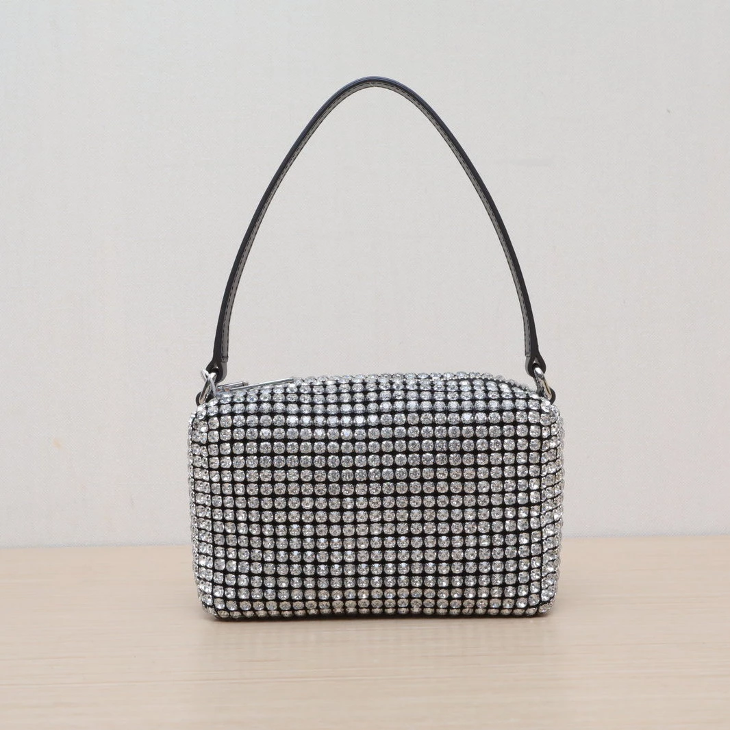 99新 ALEXANDER WANG 【黑黑】水钻手包 晚宴包 中号 白钻 水晶