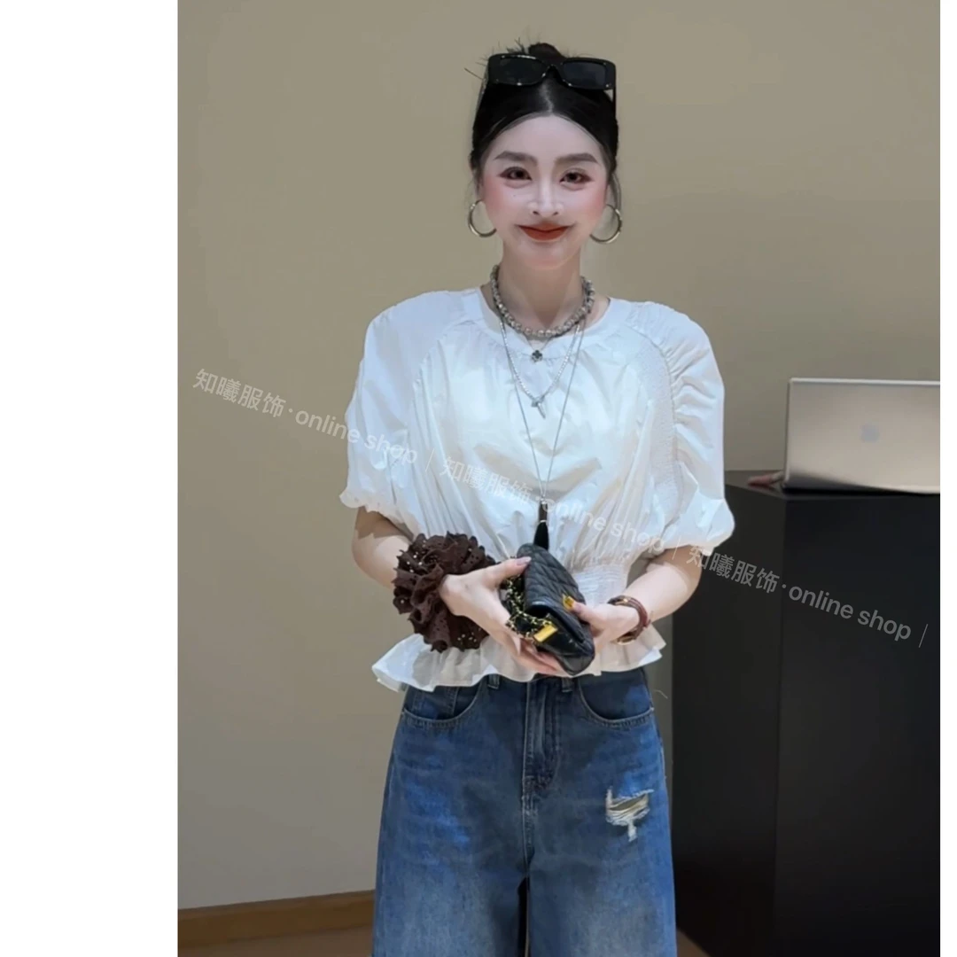 夏季百搭褶皱设计感慵懒风工艺气质泡泡袖短款衬衫2115