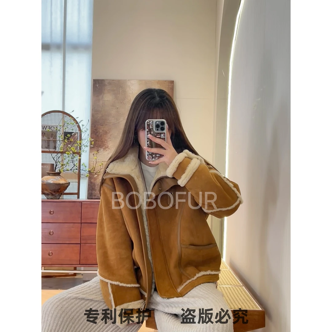 【秋冬新品】德国美利奴反绒皮毛一体女款皮草显瘦女装外套9827