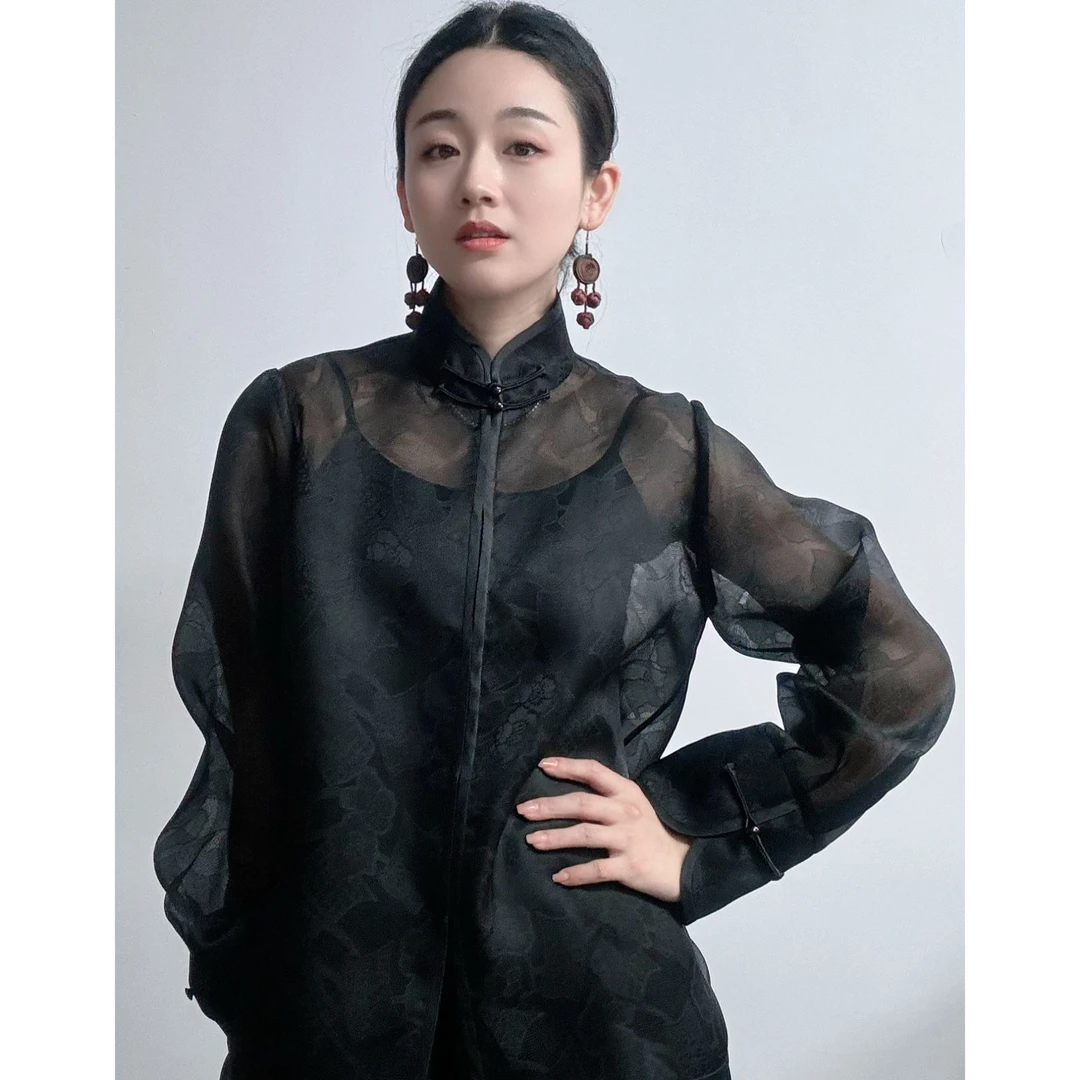 新中式微透立领百搭衬衫国风黑色提花长袖气质款